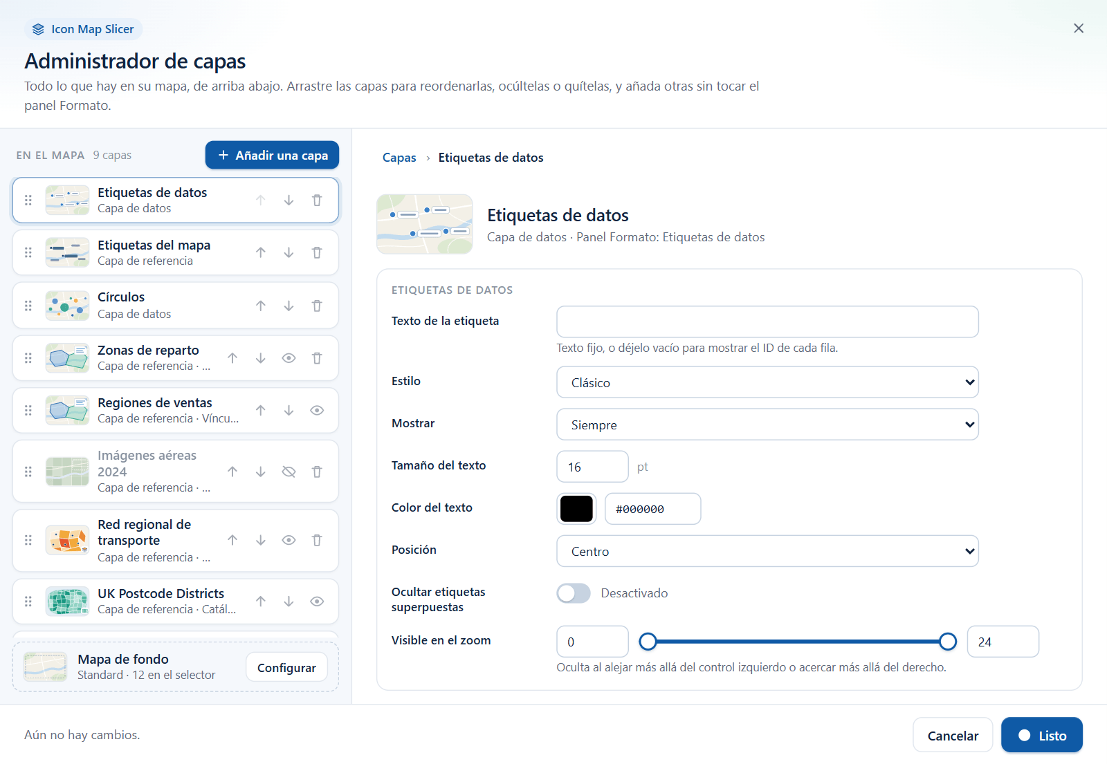 El Administrador de capas con la fila Etiquetas de datos seleccionada y su editor abierto a la derecha