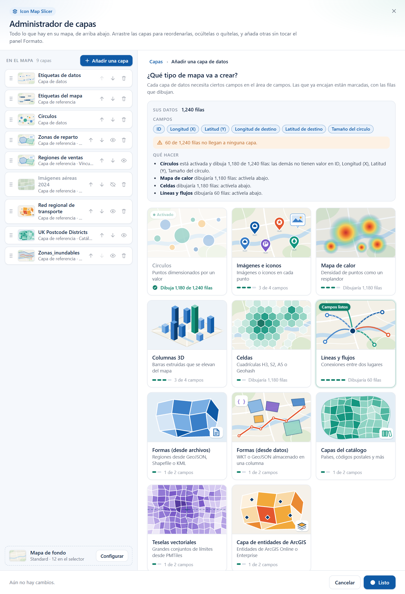 El selector de capas de datos, con el panel Sus datos encima de los mosaicos y distintivos que muestran qué tipos de capa encajan con los campos