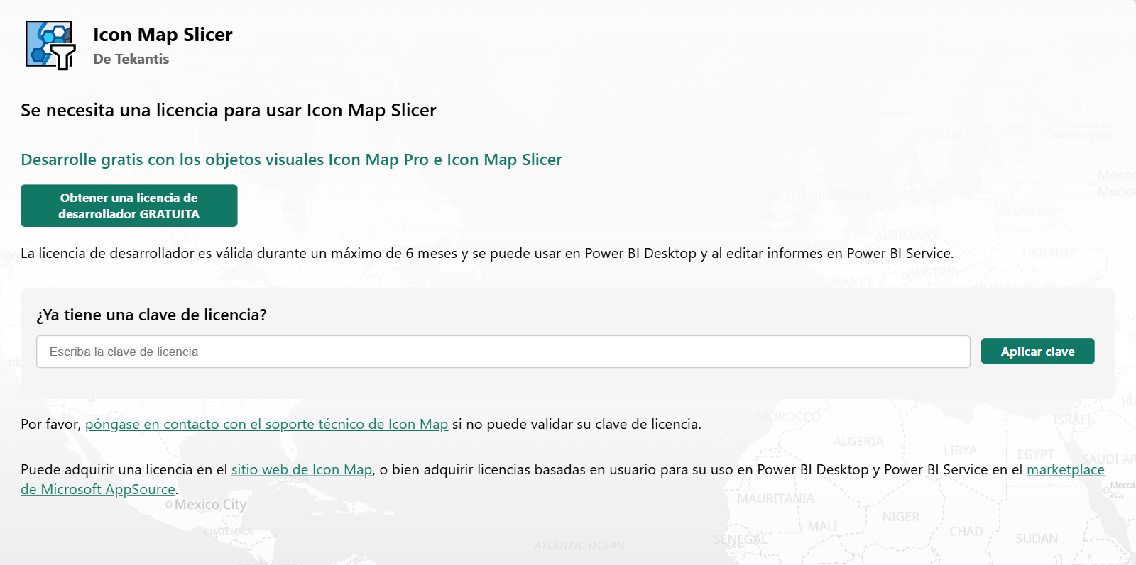 El mensaje de licencia en un mapa sin licencia durante la edición, con el botón Obtener una licencia de desarrollador GRATUITA y el cuadro para una clave de licencia existente
