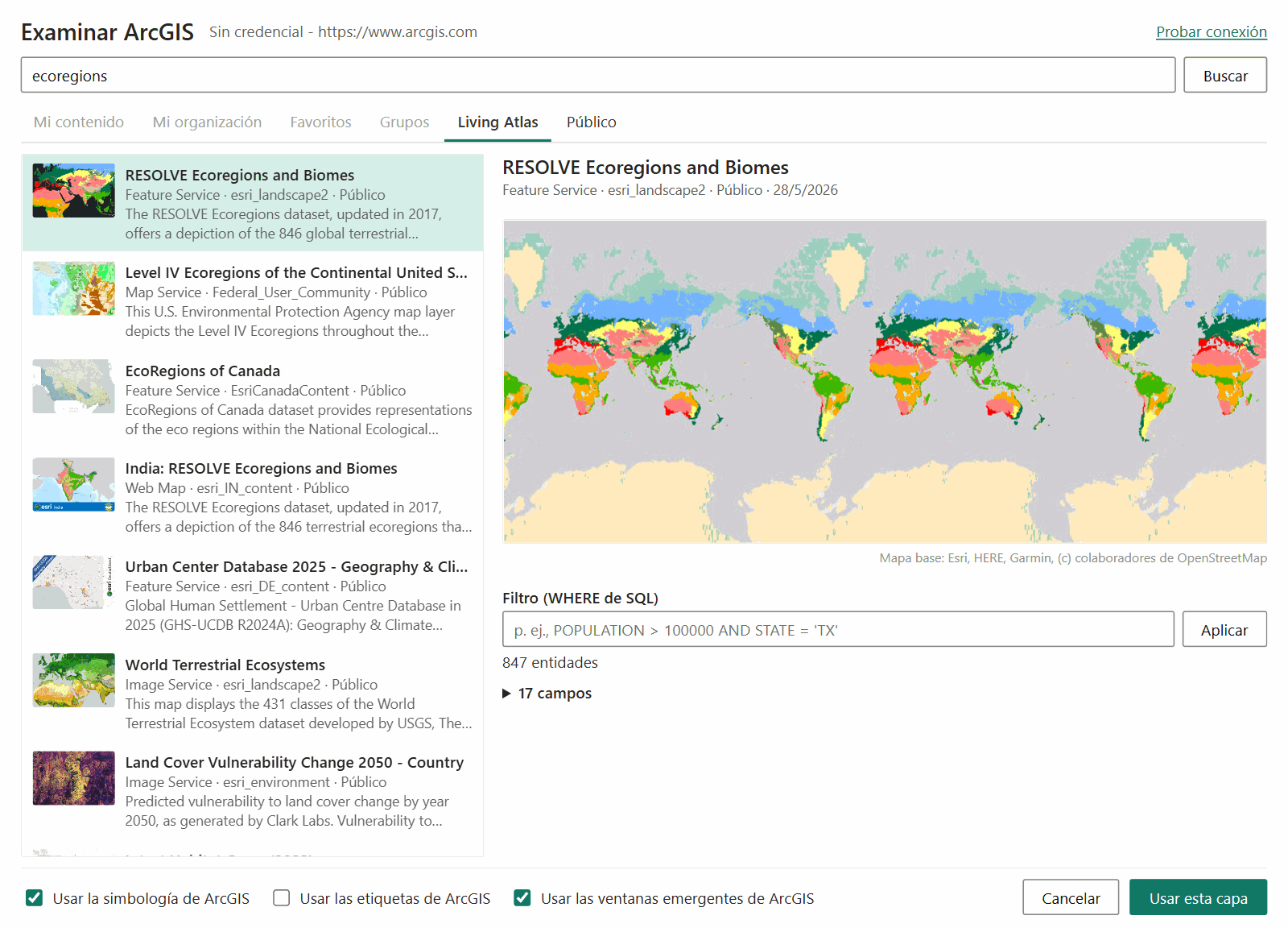 La ventana Examinar ArcGIS con las pestañas, una lista de resultados a la izquierda y una vista previa de la capa de entidades seleccionada a la derecha