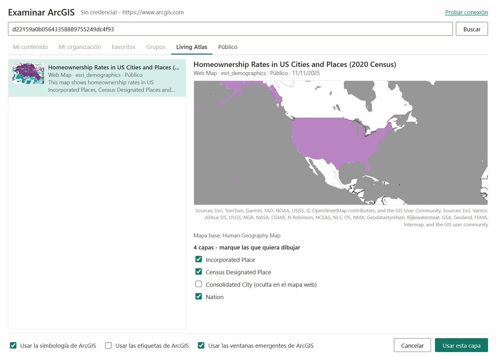 La ventana Examinar ArcGIS con la vista previa de un mapa web y una casilla para cada una de sus capas