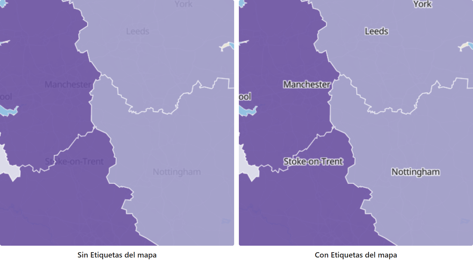 Dos mapas de las mismas regiones con relleno, uno junto al otro: a la izquierda los nombres de las ciudades quedan ocultos bajo el relleno, a la derecha Etiquetas del mapa los dibuja encima