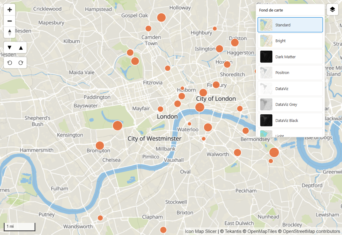 Une carte avec le panneau Fond de carte ouvert, répertoriant les styles Icon Map