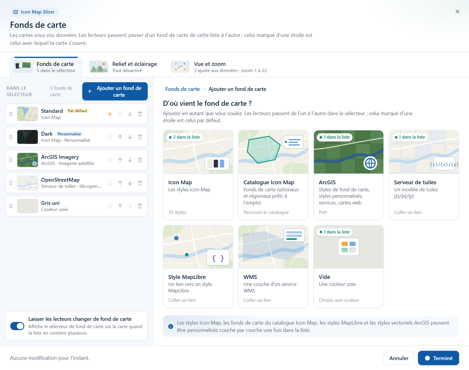 L'écran d'ajout avec sept vignettes : Icon Map, Catalogue Icon Map, ArcGIS, Serveur de tuiles, Style MapLibre, WMS et Vide