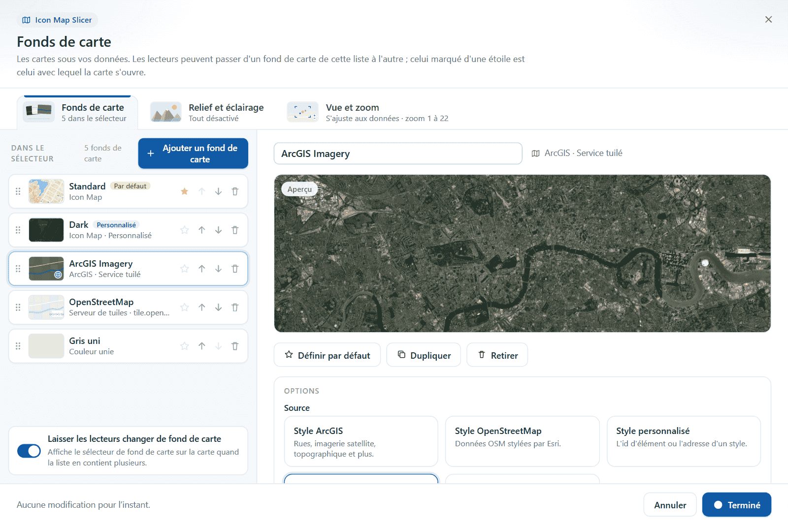 La vue de modification d'un service tuilé ArcGIS : nom, aperçu en direct, les boutons Définir par défaut, Dupliquer et Retirer, et ses options