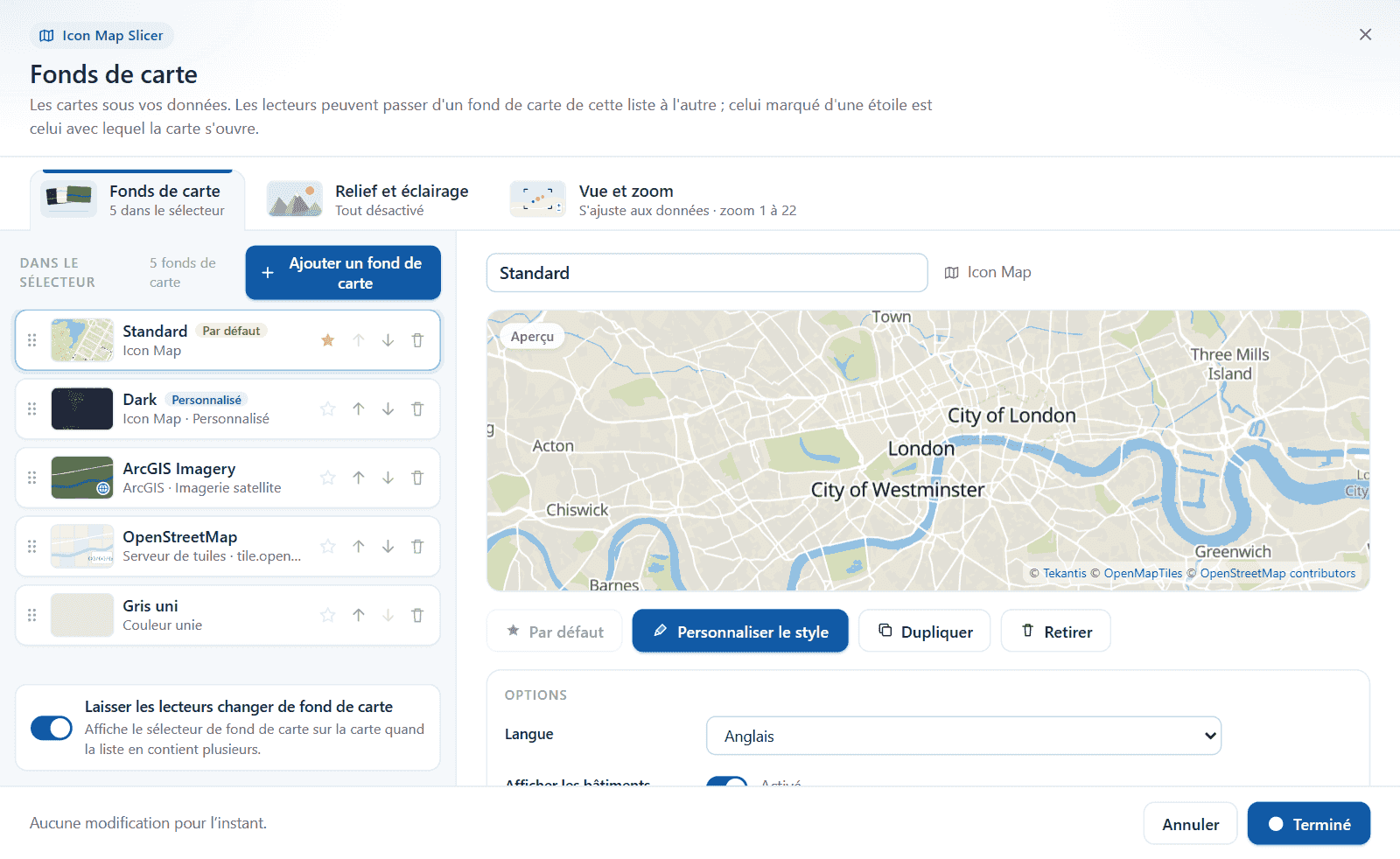 La boîte de dialogue Fonds de carte avec une liste de fonds de carte à gauche et un aperçu du fond de carte sélectionné à droite