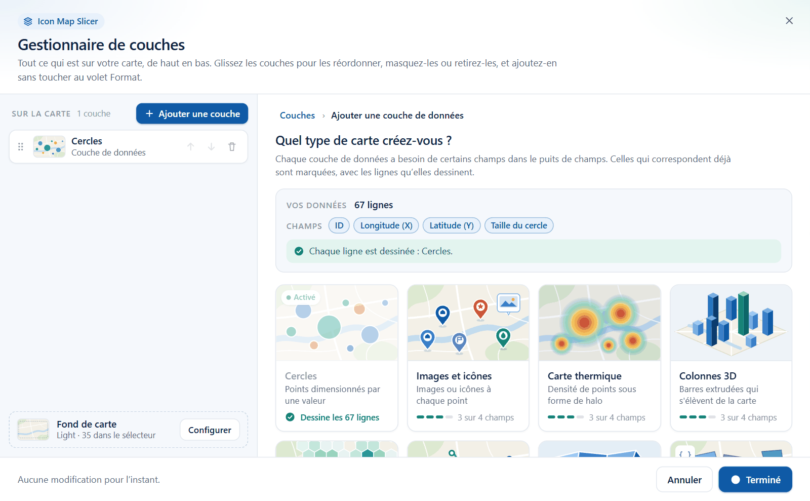 Le sélecteur de couches de données du Gestionnaire de couches, avec une vignette par type de couche