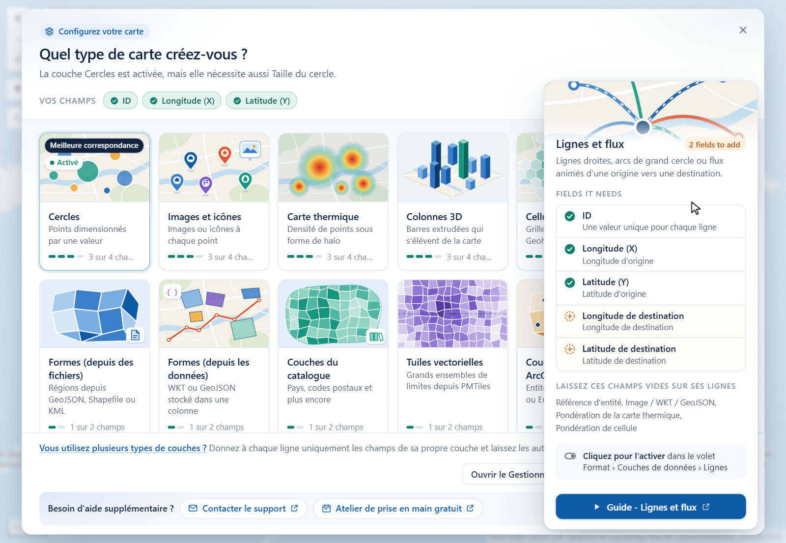 Une vignette du guide des couches développée pour montrer les champs dont la couche Lignes a besoin et les champs à laisser vides