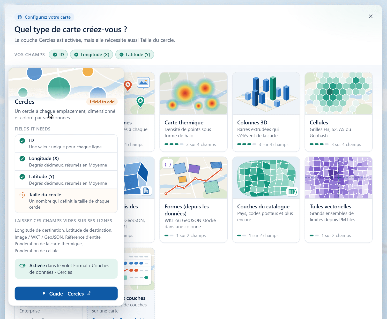 Le guide des couches avec la vignette Cercles développée, montrant ID, Longitude et Latitude cochés et Taille du cercle restant à ajouter