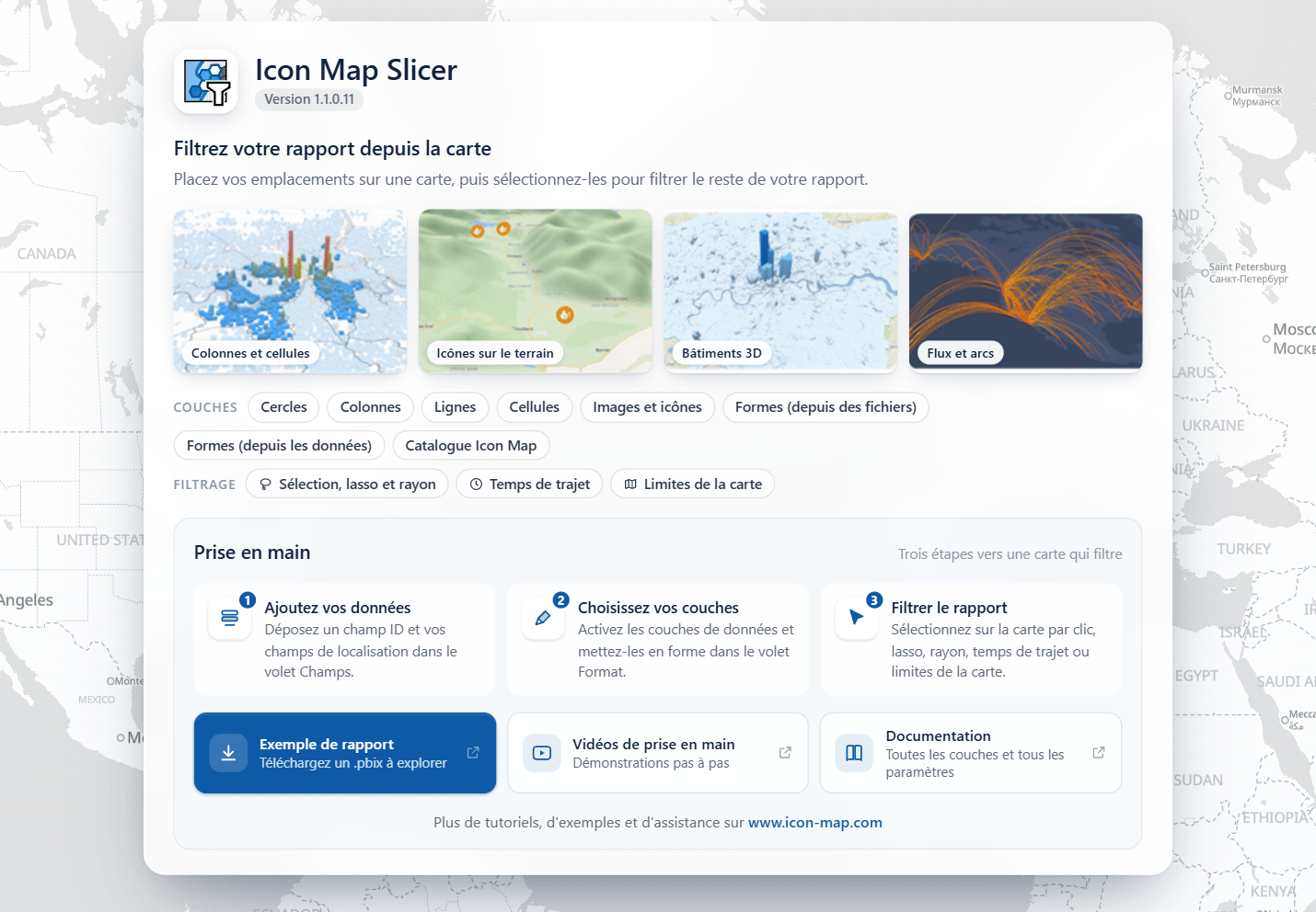 La page de démarrage d'Icon Map Slicer affichée dans un visuel vide, avec des exemples de cartes, des liens vers les couches et les modes de filtrage, et un panneau Prise en main