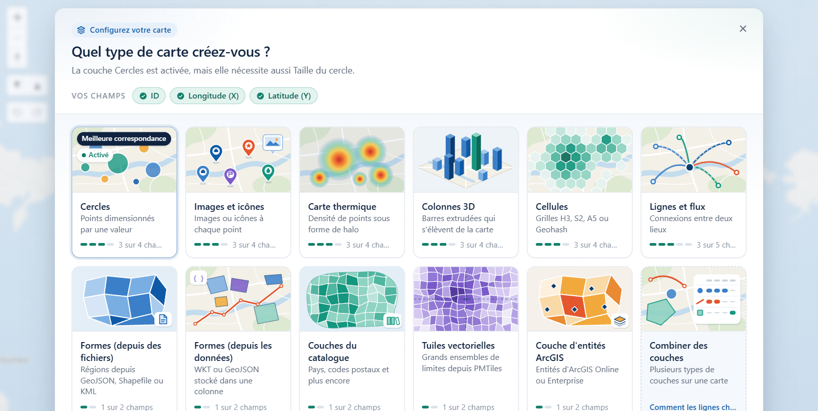 Le guide Quel type de carte créez-vous sur la carte, avec une vignette pour chaque type de couche et les champs déjà présents dans le visuel