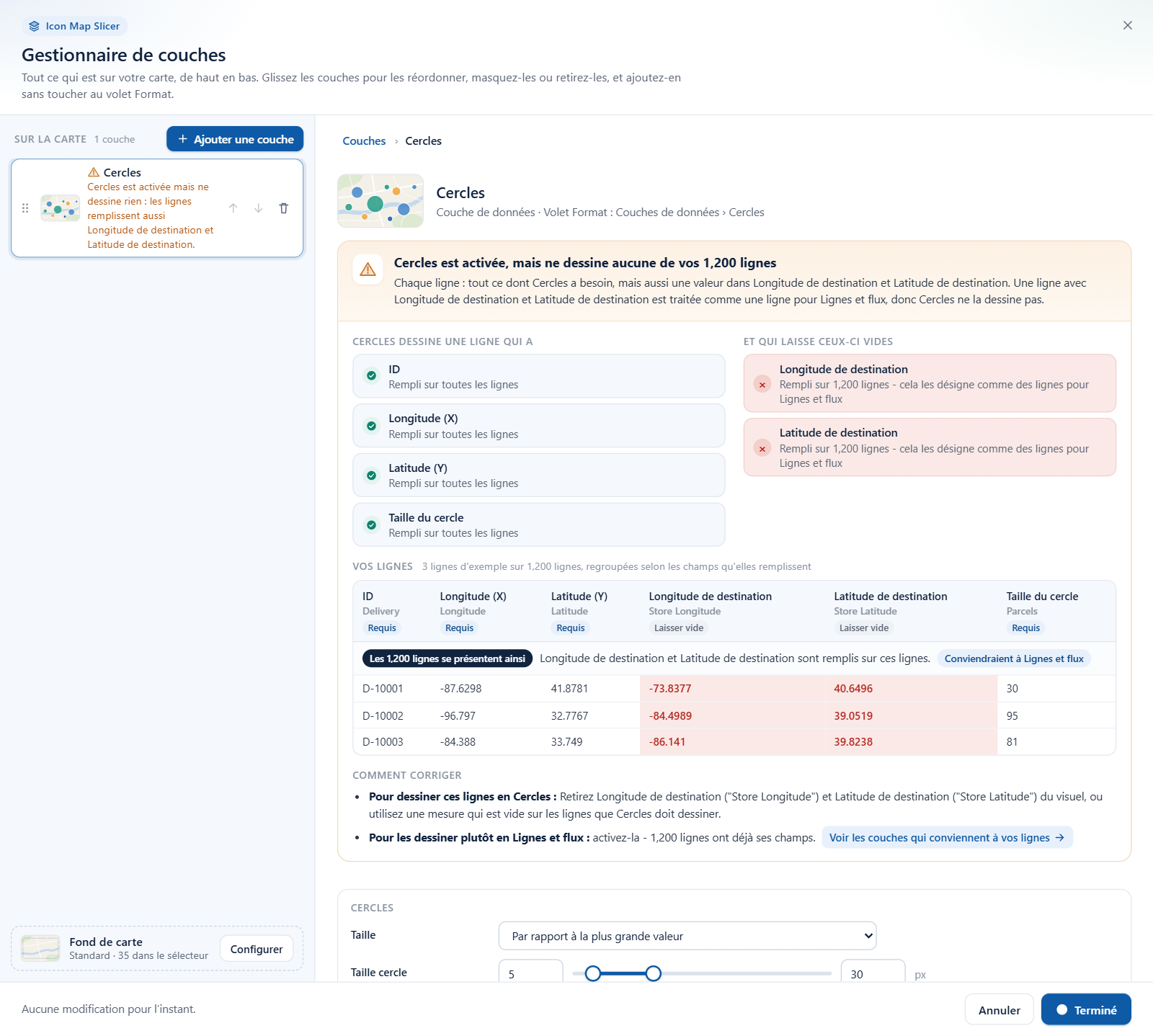 Le Gestionnaire de couches expliquant pourquoi une couche ne dessine aucune des lignes du rapport, avec des exemples de lignes et une correction proposée
