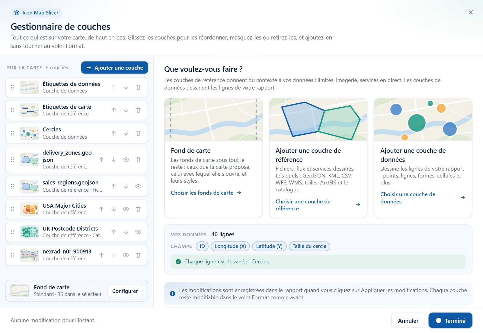 La boîte de dialogue Gestionnaire de couches, avec la liste des couches à gauche et la vue d'accueil à droite