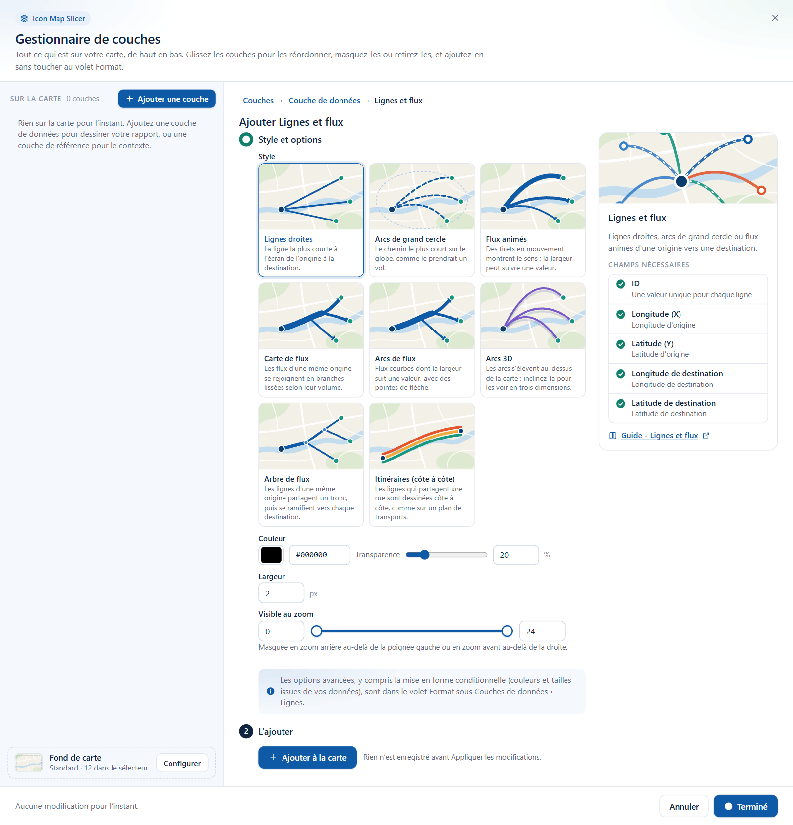 L'assistant Lignes et flux avec le sélecteur Style qui montre une vignette pour chaque style de ligne