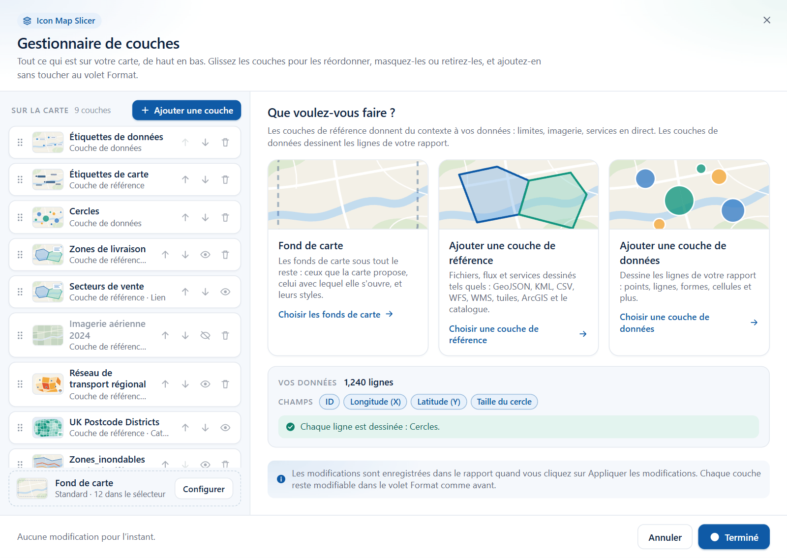 Le panneau Vos données dans la vue d'accueil du Gestionnaire de couches, montrant le nombre de lignes, les champs du visuel et la ligne d'état