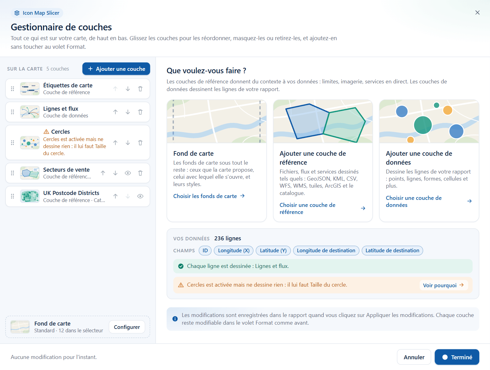 La liste du Gestionnaire de couches avec une icône d'avertissement sur une couche de données activée qui ne dessine rien, et la ligne correspondante dans le panneau Vos données