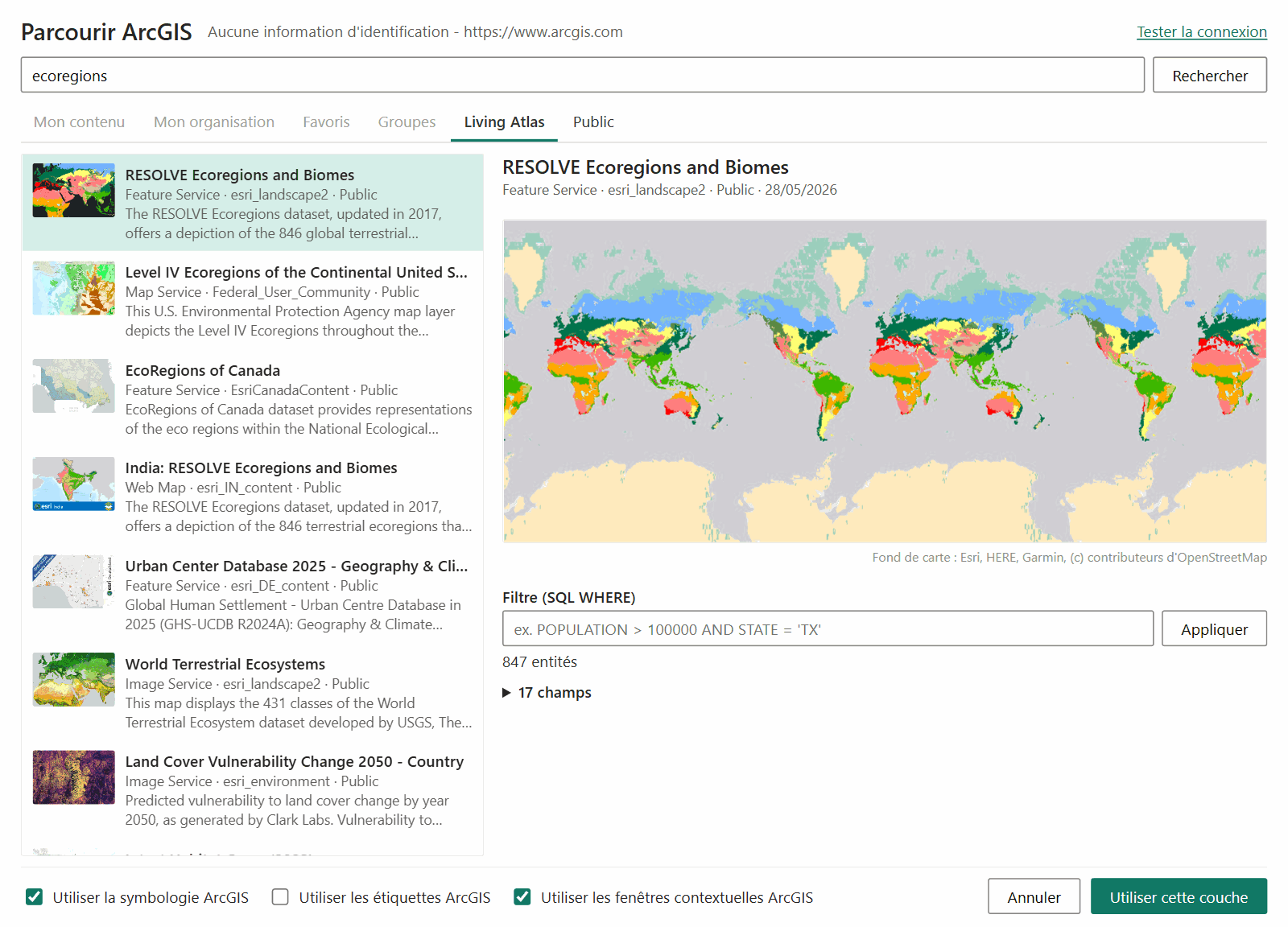 La fenêtre Parcourir ArcGIS avec les onglets, une liste de résultats à gauche et un aperçu de la couche d'entités sélectionnée à droite