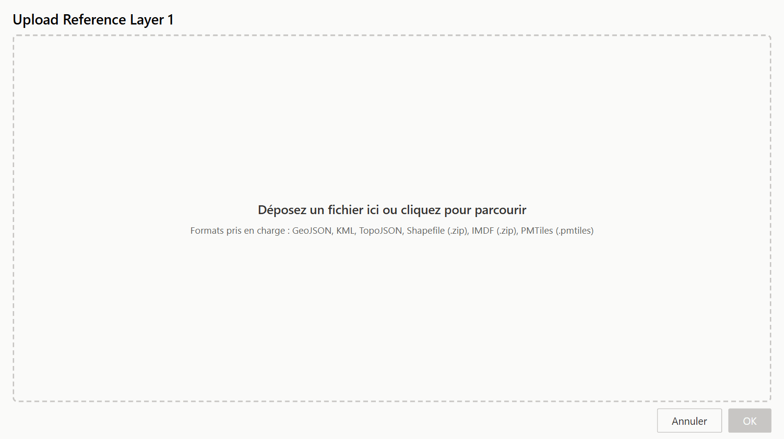 La fenêtre de chargement de fichier avec une zone de dépôt et la liste des types de fichier pris en charge
