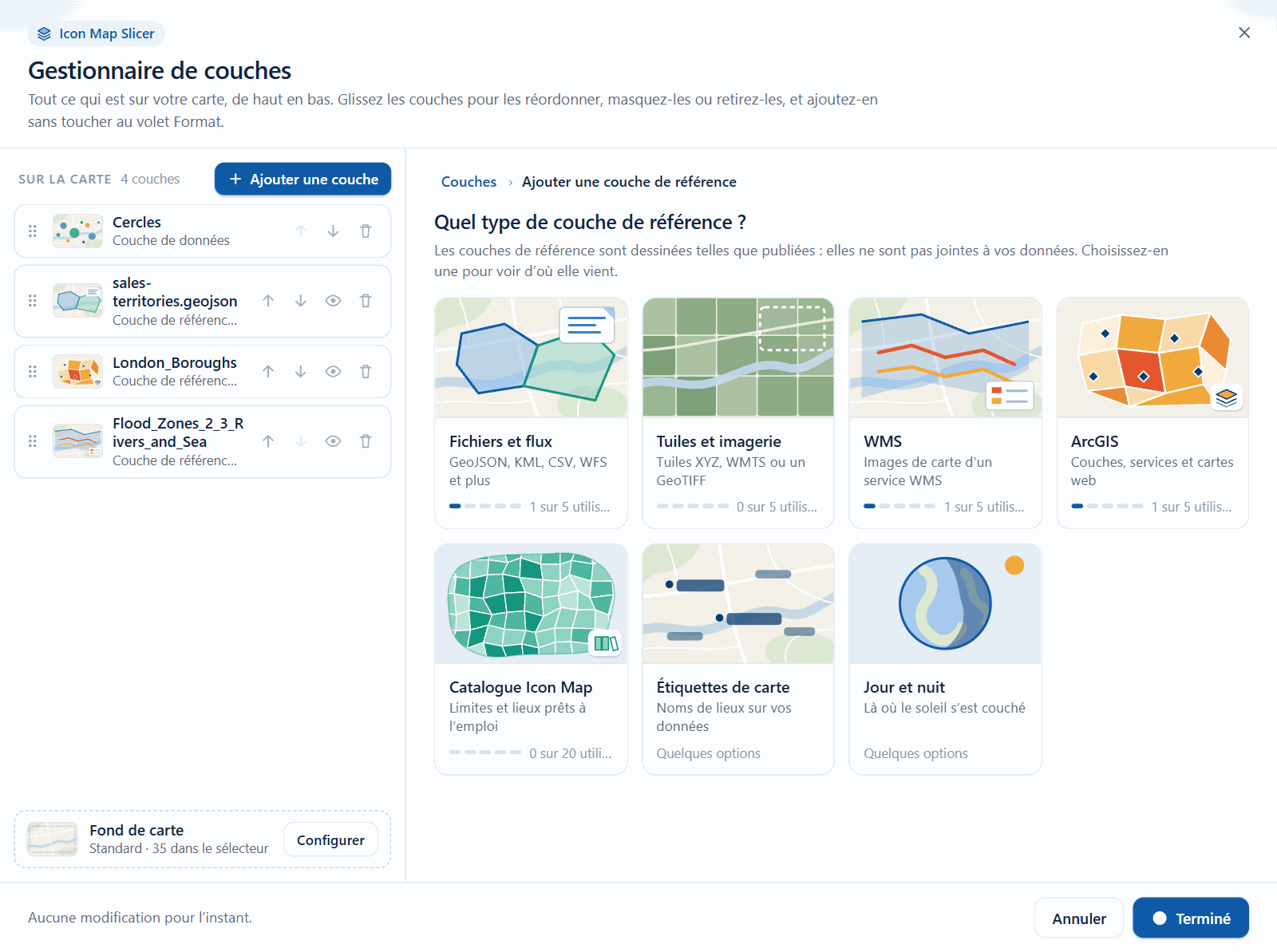 Le sélecteur de couche de référence du Gestionnaire de couches avec une vignette pour chaque type de couche de référence