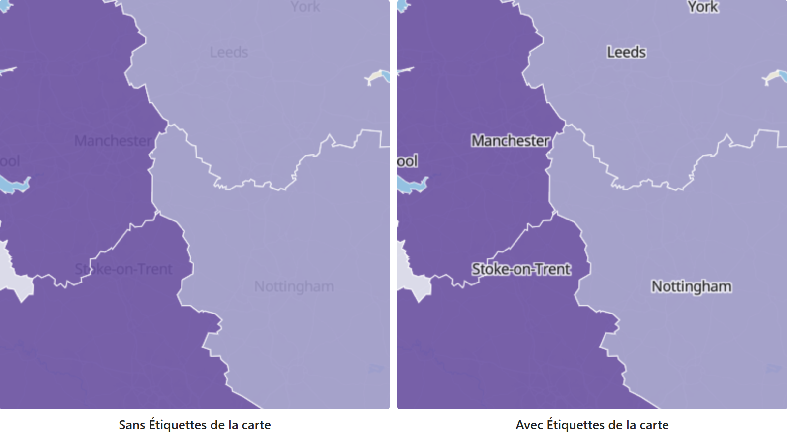 Deux cartes des mêmes régions remplies côte à côte : à gauche, les noms de villes sont masqués sous le remplissage ; à droite, Étiquettes de la carte les dessine par-dessus