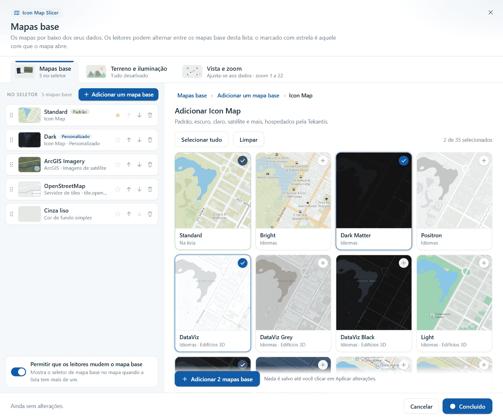 A galeria do Icon Map com dois estilos marcados e o botão Adicionar 2 mapas base