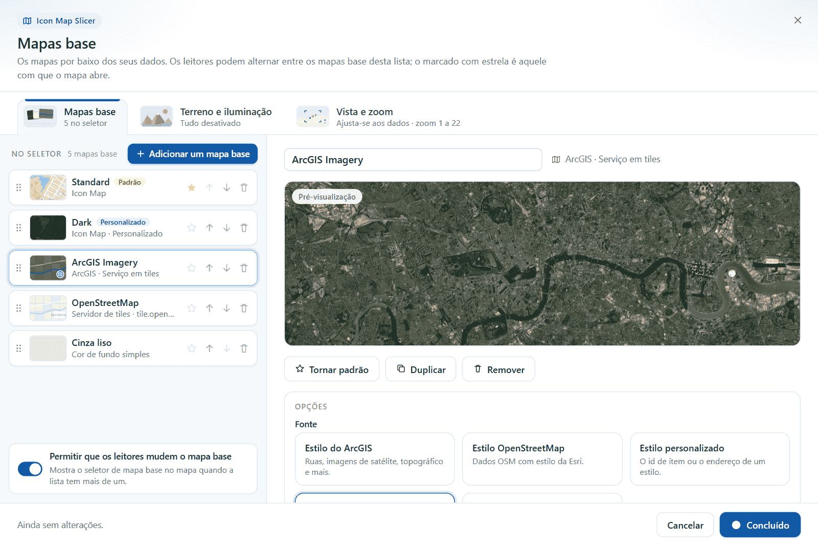 A vista de edição de um serviço em tiles do ArcGIS: nome, pré-visualização ao vivo, os botões Tornar padrão, Duplicar e Remover e as opções dele