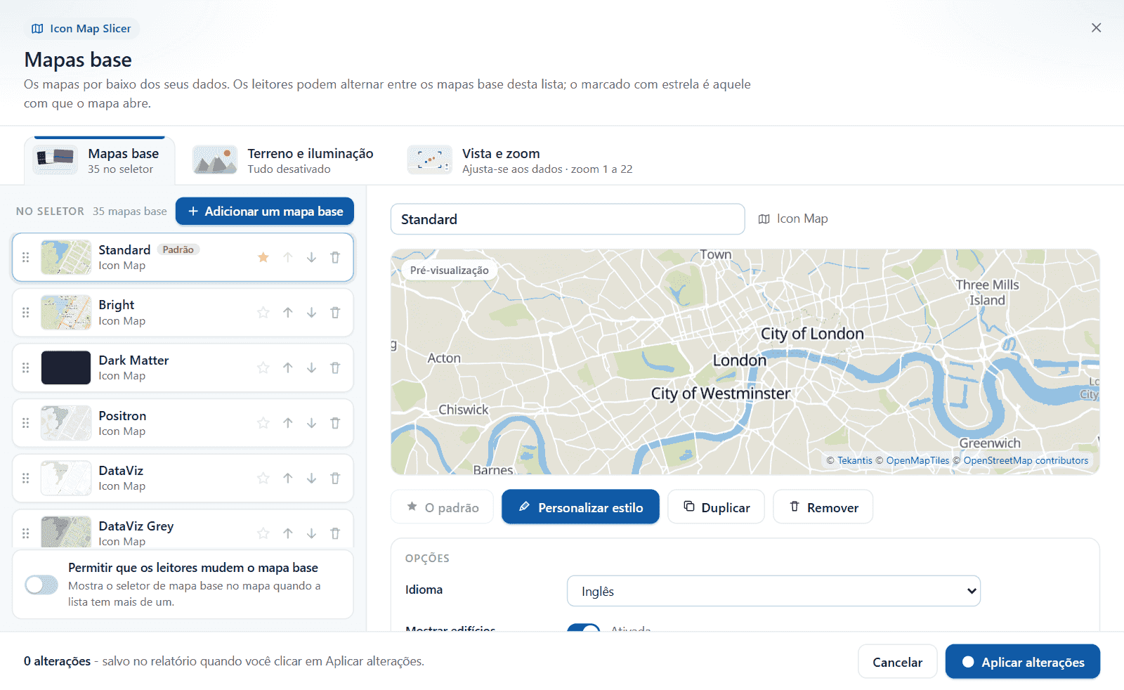 A caixa de diálogo na primeira abertura, listando todos os estilos do Icon Map com Standard marcado com a estrela
