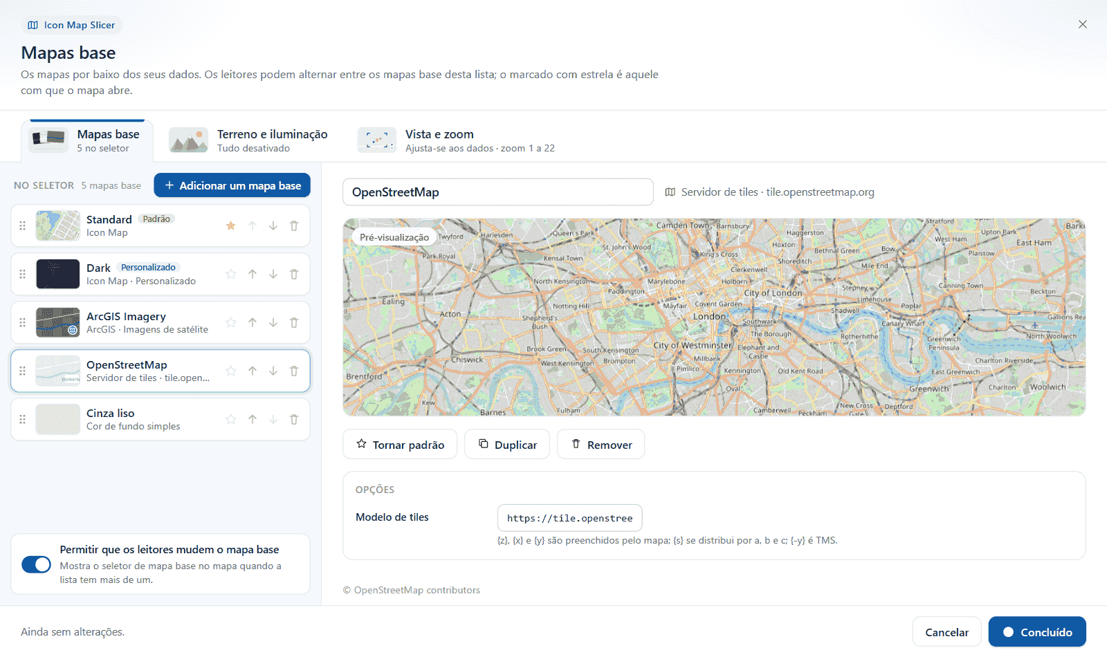 A caixa de diálogo Mapas base: a lista de mapas base à esquerda, a pré-visualização e as opções do mapa base selecionado à direita