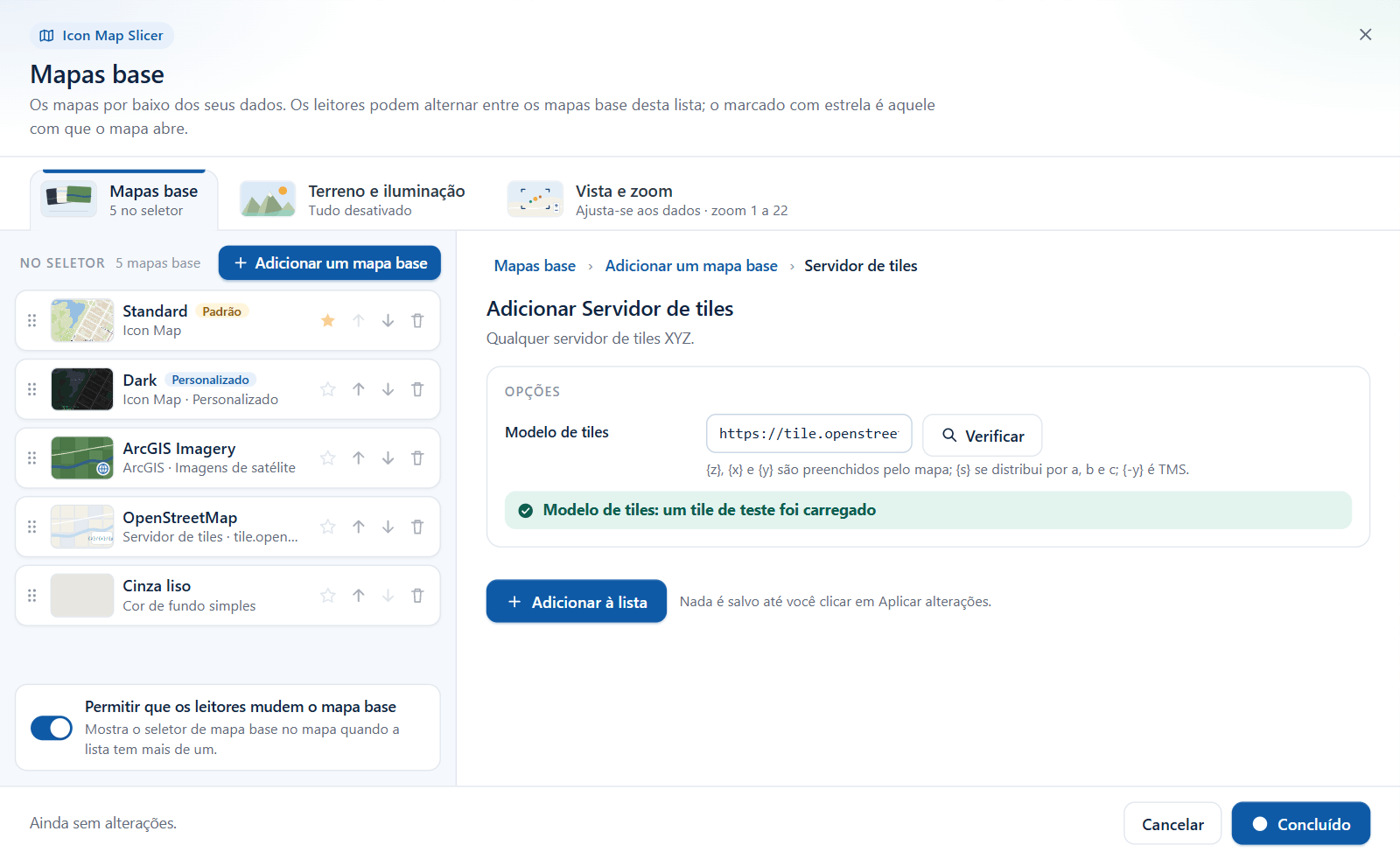 O formulário Servidor de tiles na caixa de diálogo Mapas base depois de uma verificação bem-sucedida