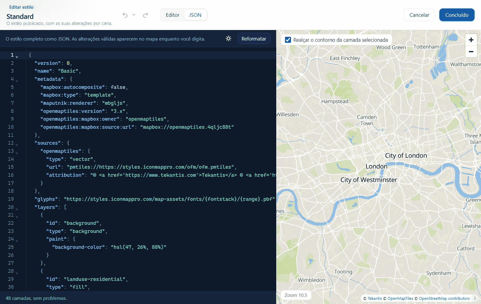 A vista JSON de um estilo com números de linha e a pré-visualização ao vivo ao lado
