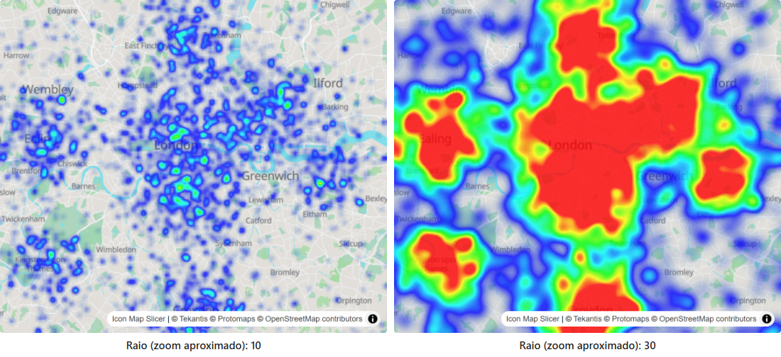 O mesmo mapa de calor com um raio pequeno e um raio grande