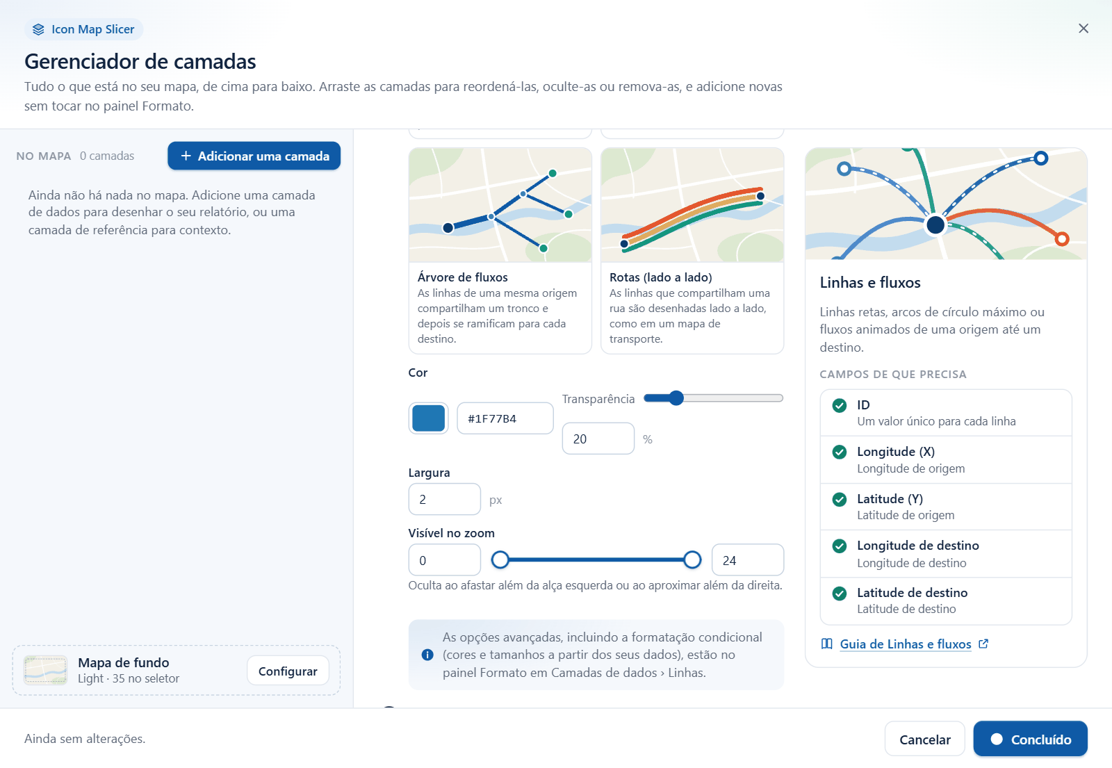 O assistente de adição de Linhas e fluxos no Gerenciador de camadas, com as opções Cor, Largura e Visível no zoom e a lista dos campos de que a camada precisa