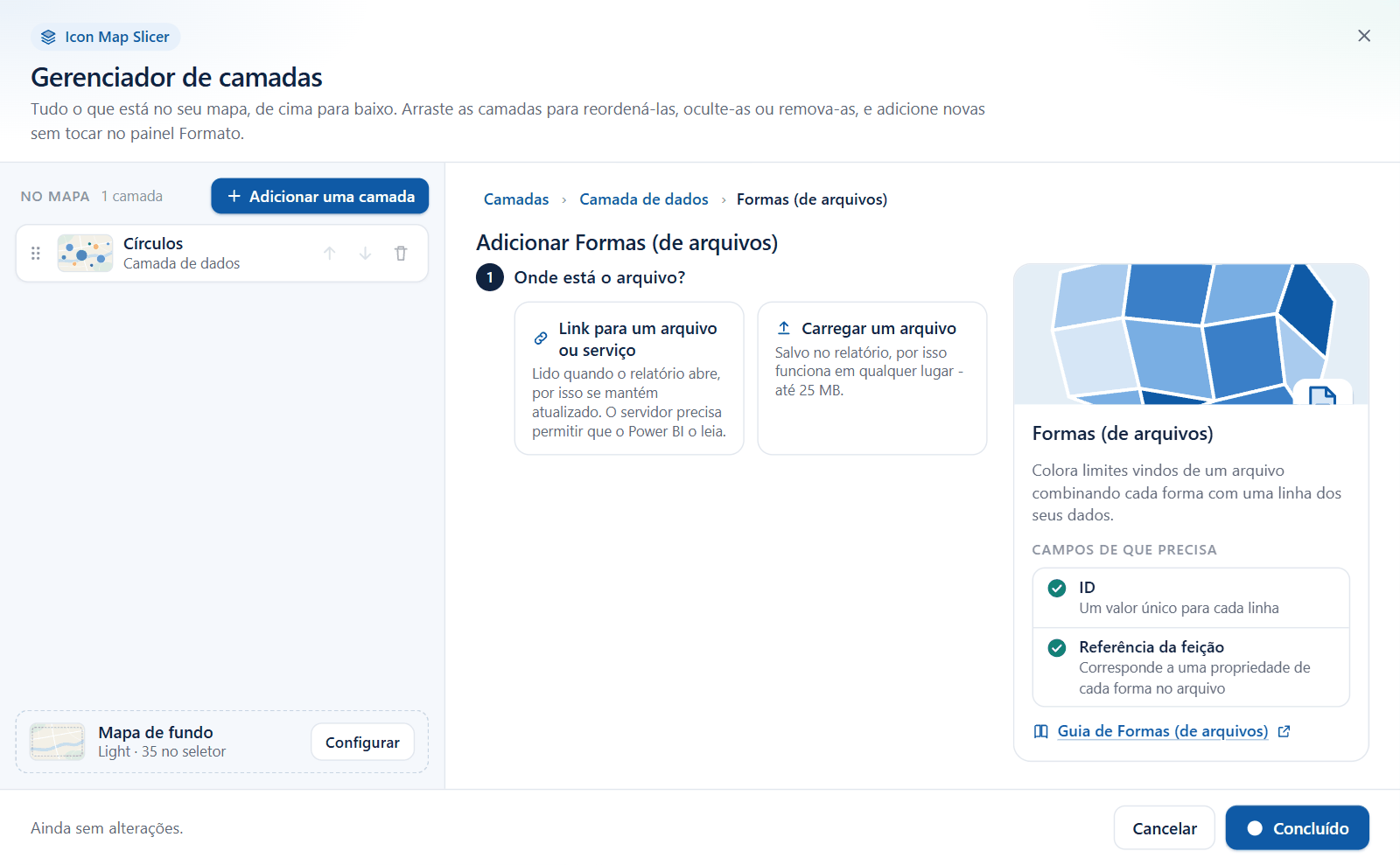 O assistente de adição de Formas (de arquivos) no Gerenciador de camadas, na etapa que pergunta onde está o arquivo