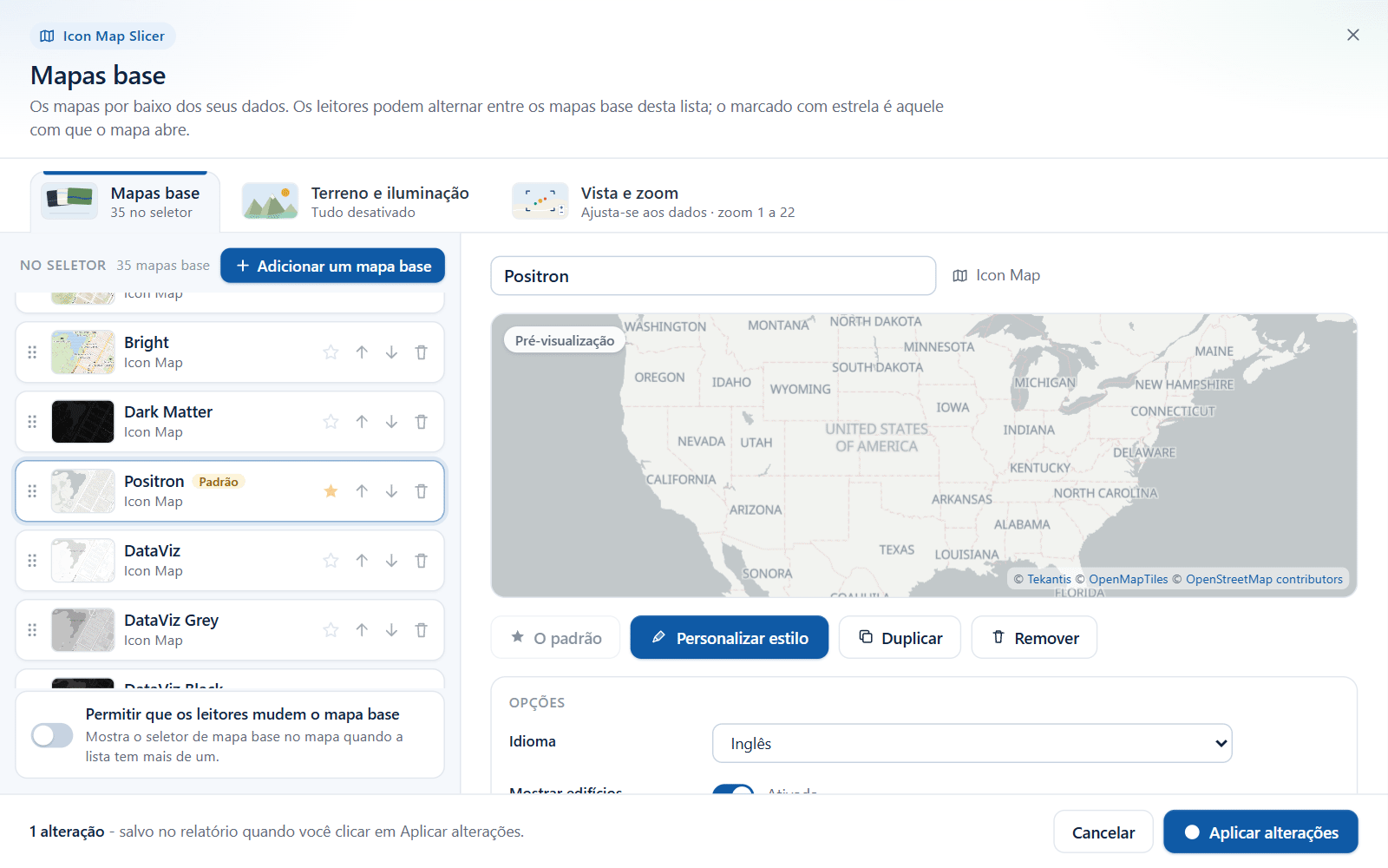 A caixa de diálogo Mapas base, com a lista de estilos do Icon Map à esquerda e uma pré-visualização do estilo selecionado à direita