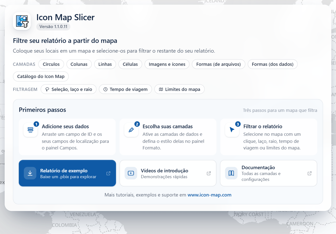 A página inicial do Icon Map Slicer em um visual vazio