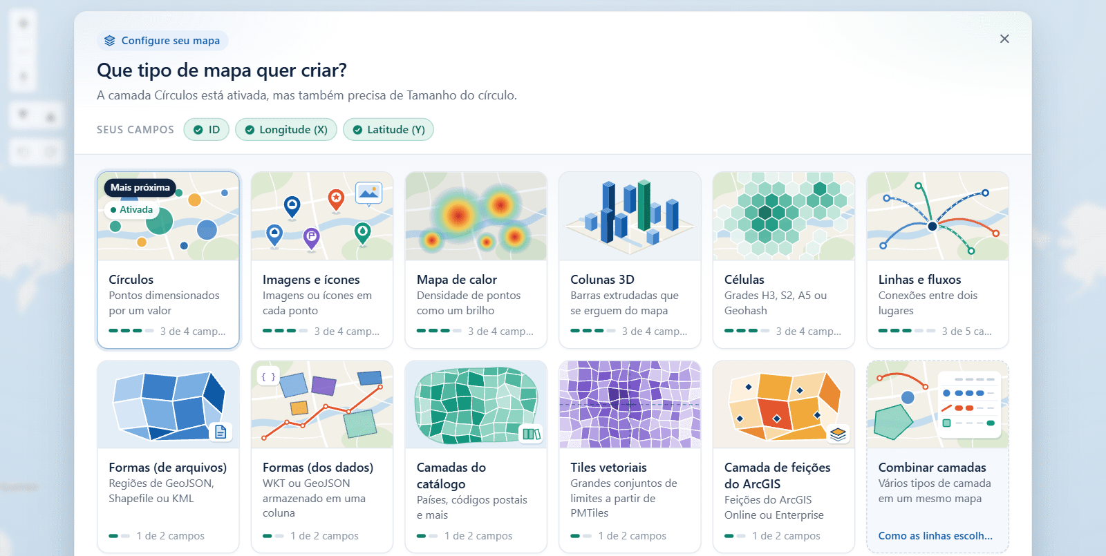 O guia Que tipo de mapa quer criar sobre o mapa, com um bloco para cada tipo de camada e os campos que já estão no visual
