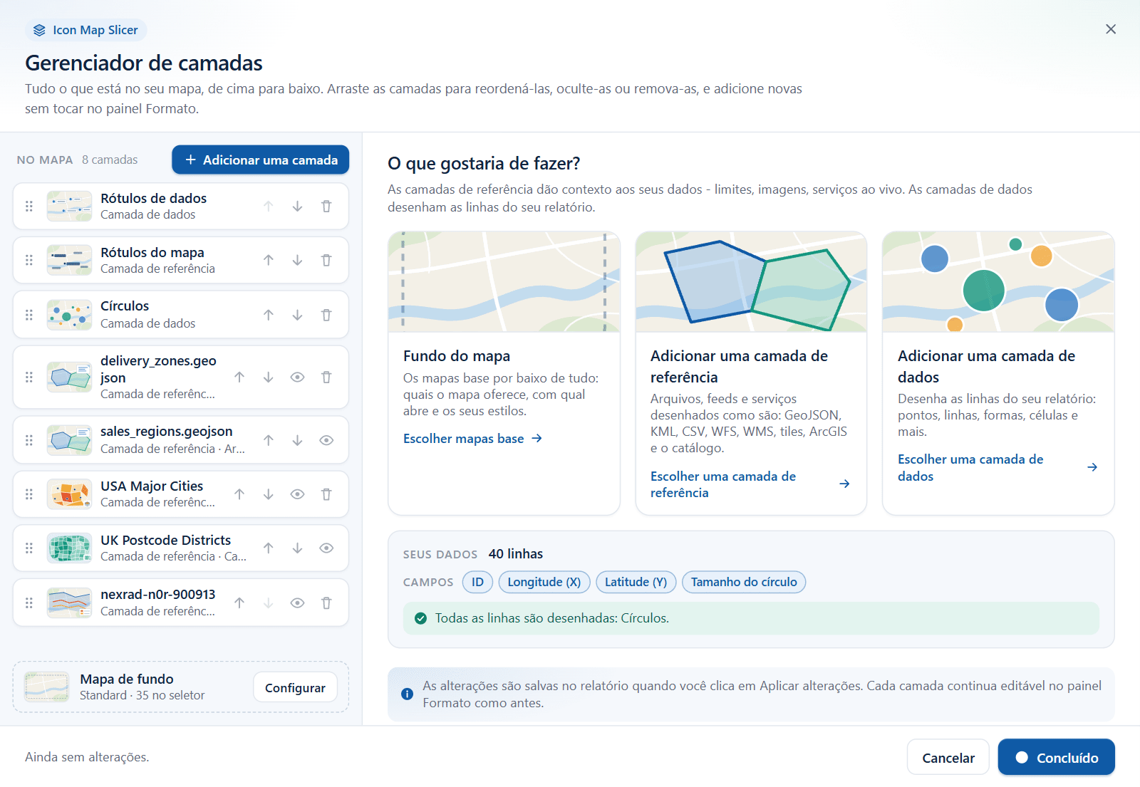 A caixa de diálogo Gerenciador de camadas, com a lista de camadas à esquerda e a vista inicial à direita