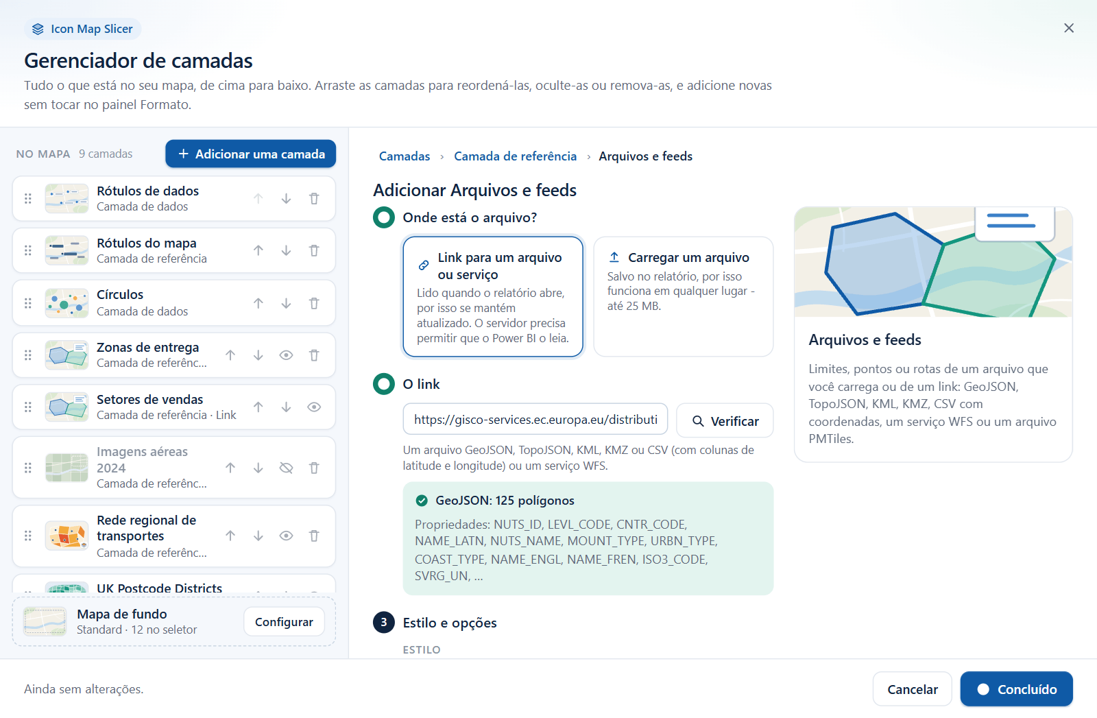 Uma etapa do assistente mostrando o resultado de uma verificação de link: o formato, o número de feições e as propriedades delas