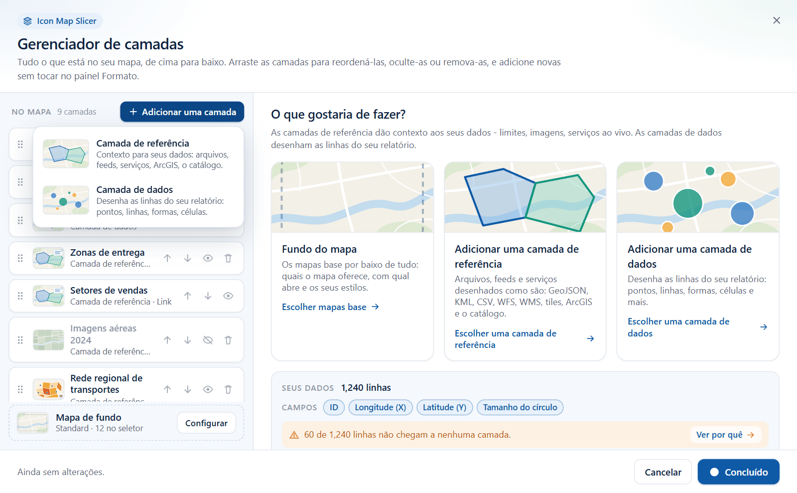 O menu Adicionar uma camada aberto, mostrando Camada de referência e Camada de dados