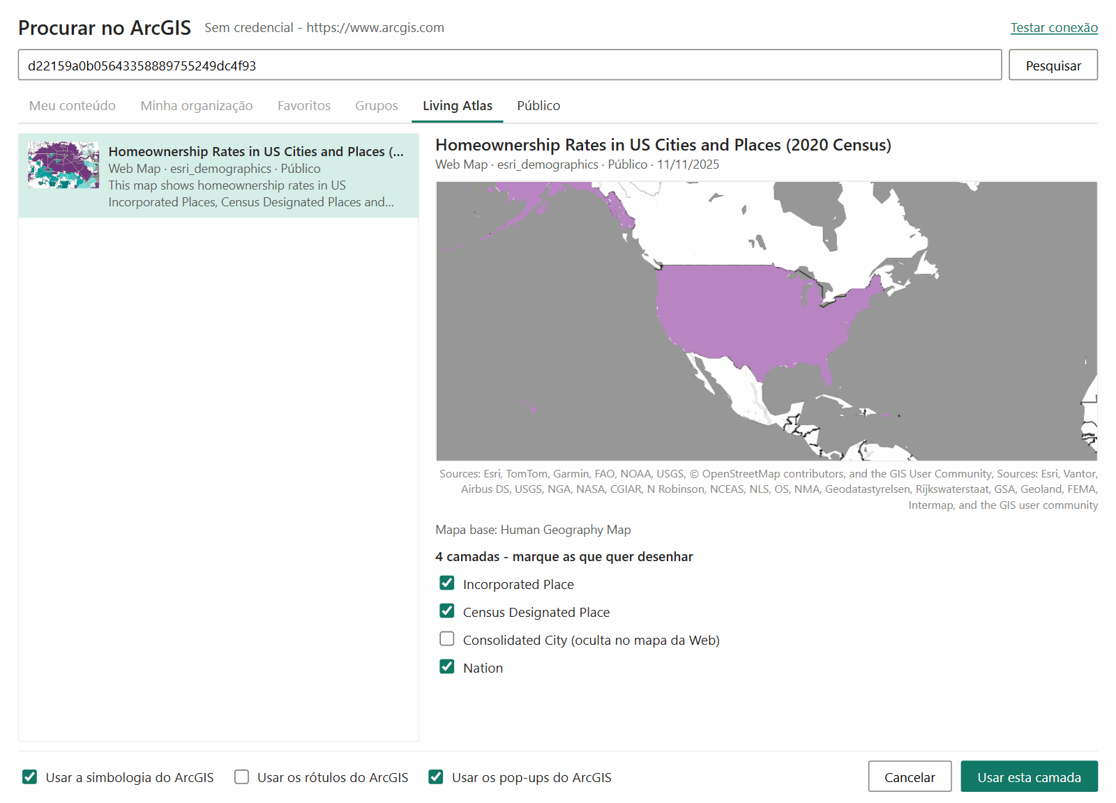 A janela Procurar no ArcGIS pré-visualizando um mapa da Web, com uma caixa de seleção para cada uma das suas camadas