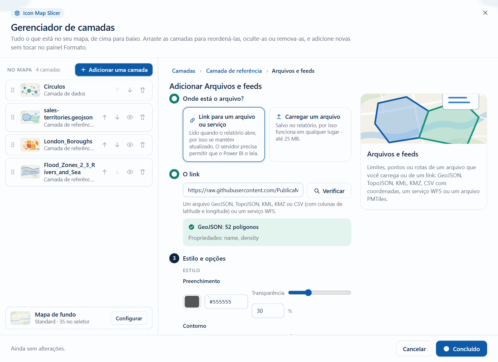 O assistente Arquivos e feeds do Gerenciador de camadas depois da verificação de um link, mostrando o formato, a contagem de feições e os nomes das propriedades