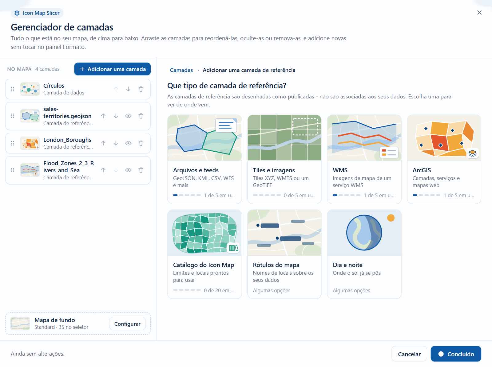 O seletor de camadas de referência do Gerenciador de camadas, com um bloco para cada tipo de camada de referência