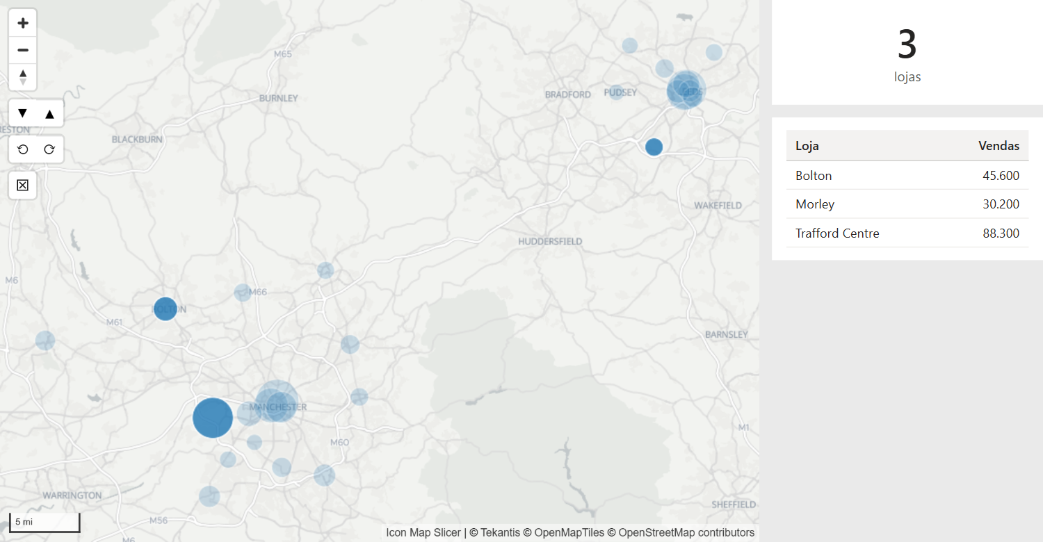 Um mapa de círculos em que três círculos selecionados estão sólidos e os demais esmaecidos, ao lado de uma tabela que lista somente essas três lojas