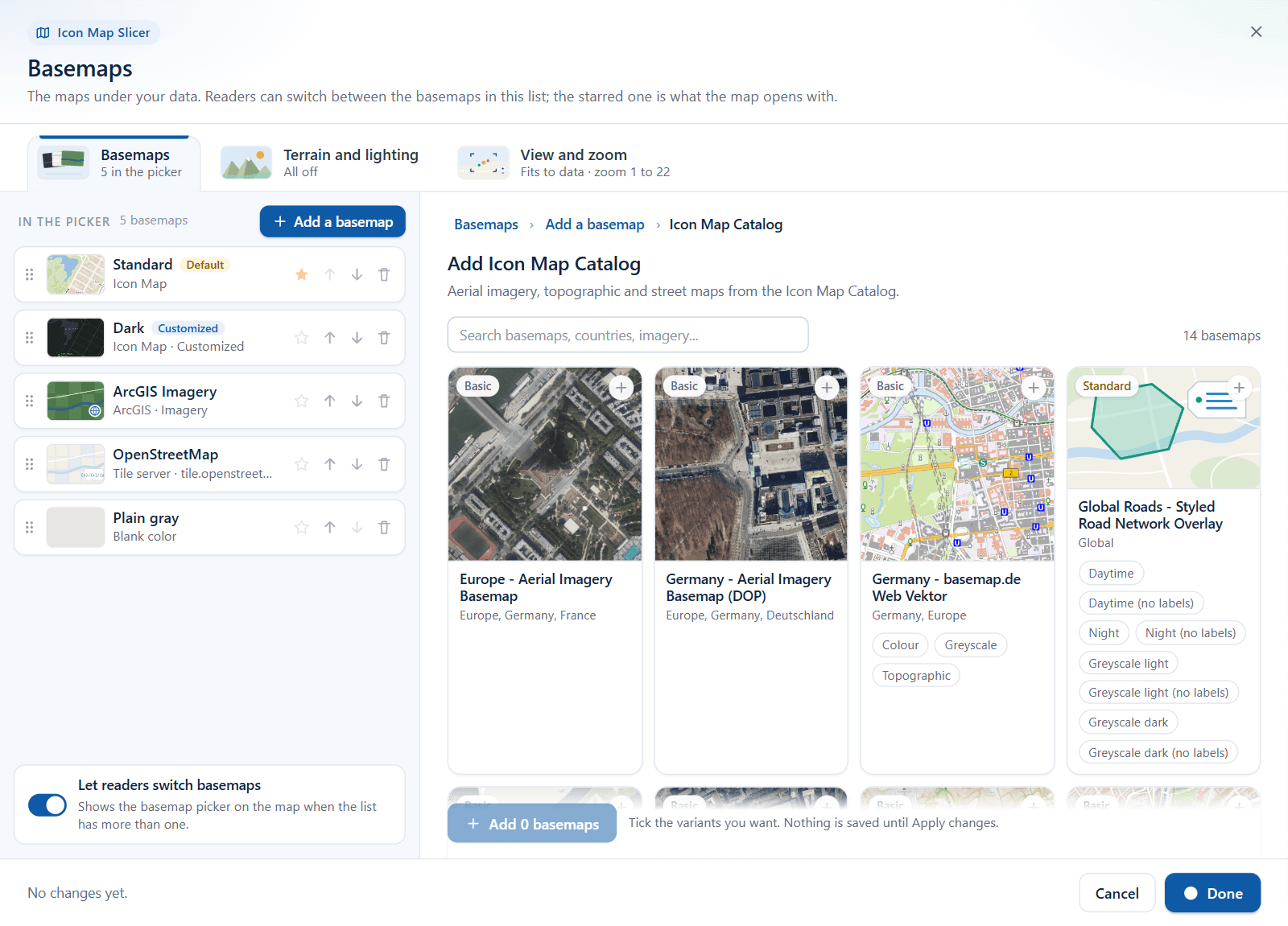 The Icon Map Catalog gallery with a search box, tier badges and variant chips
