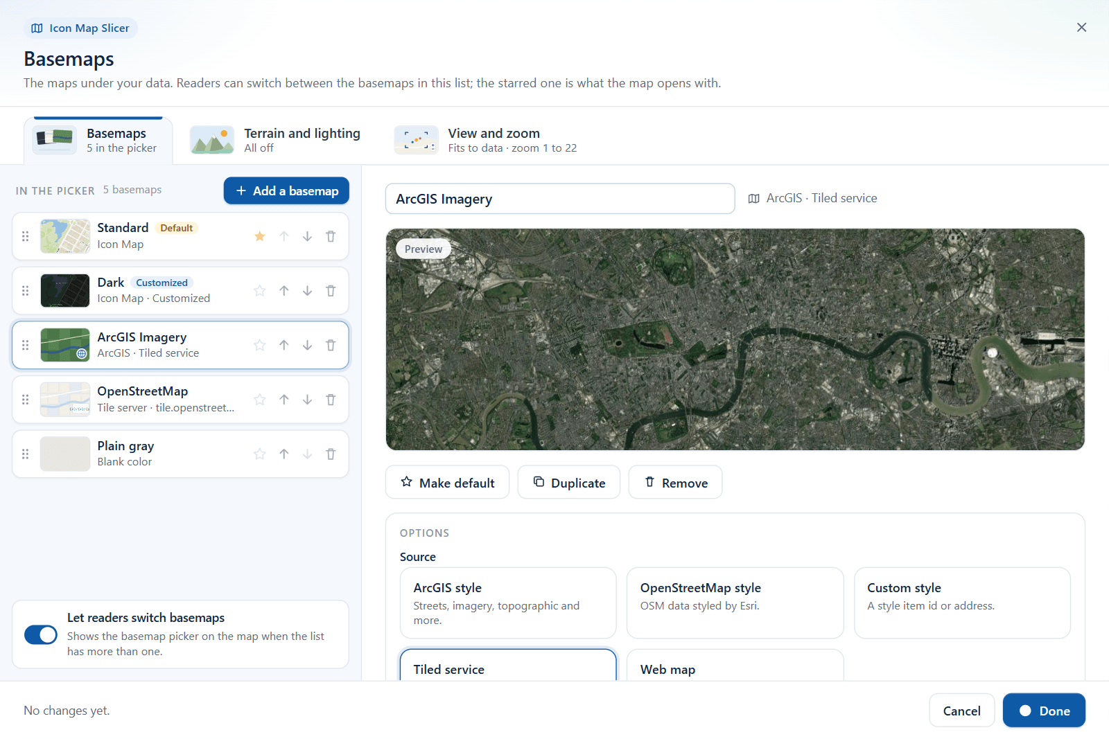 The edit view of an ArcGIS tiled service: name, live preview, the Make default, Duplicate and Remove buttons and its options
