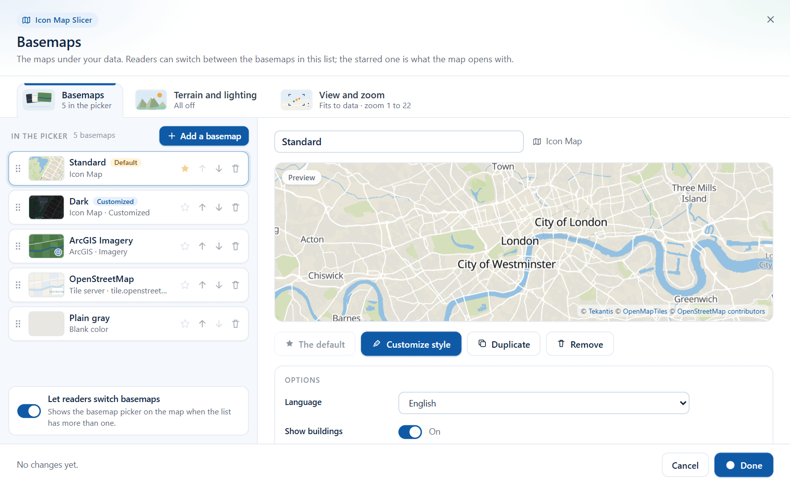 The Basemaps dialog with a list of basemaps on the left and a preview of the selected basemap on the right