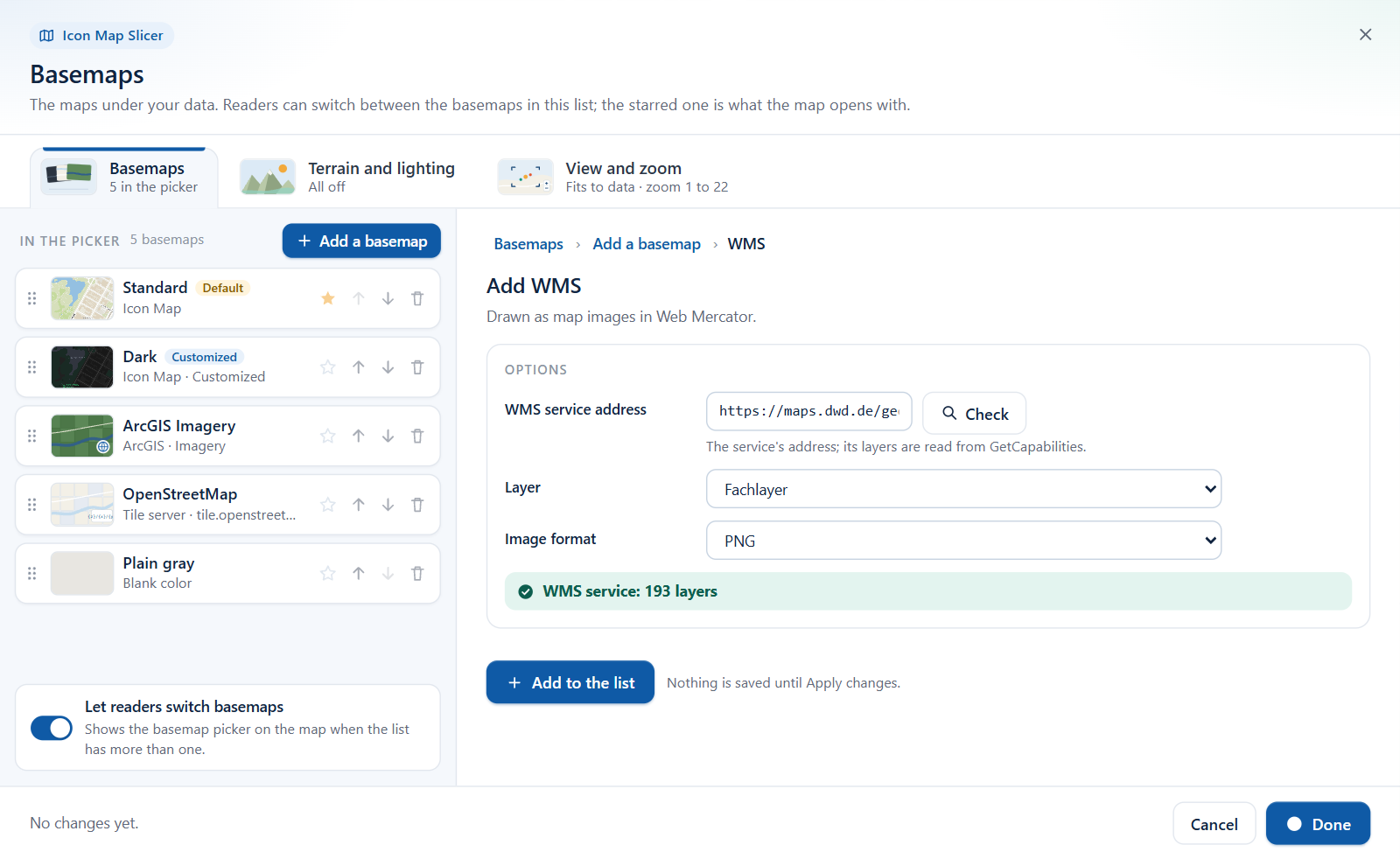 The WMS form after Check, showing the number of layers found and the Layer dropdown
