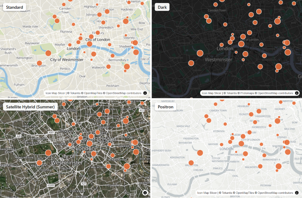 The same data over four basemaps: Standard, Dark, Satellite Hybrid and Positron