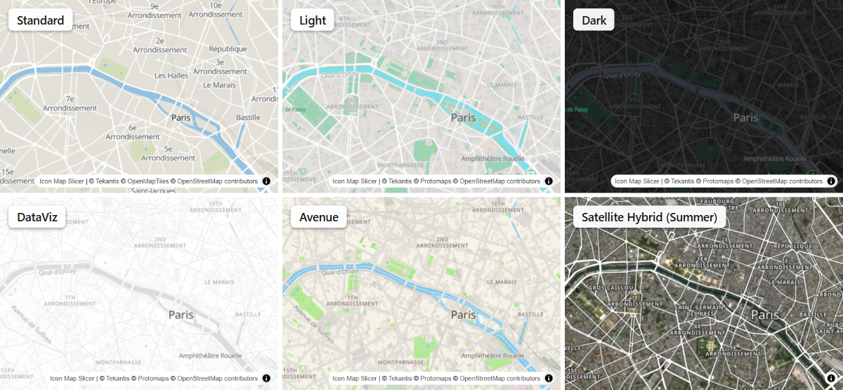 Six Icon Map styles shown over the same city: Standard, Light, Dark, DataViz, Avenue and Satellite Hybrid
