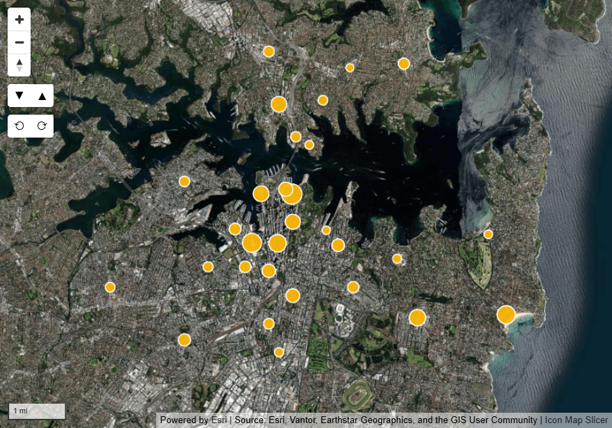 A map with the ArcGIS Imagery basemap and circles on top, with Powered by Esri in the credits